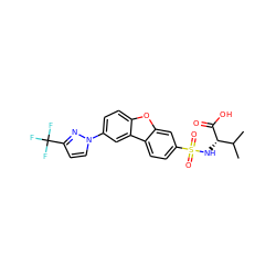 CC(C)[C@H](NS(=O)(=O)c1ccc2c(c1)oc1ccc(-n3ccc(C(F)(F)F)n3)cc12)C(=O)O ZINC000043194940