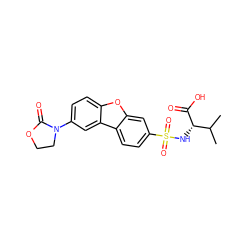 CC(C)[C@H](NS(=O)(=O)c1ccc2c(c1)oc1ccc(N3CCOC3=O)cc12)C(=O)O ZINC000043014500