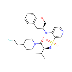 CC(C)[C@H](NS(=O)(=O)c1cnccc1N[C@H](CO)Cc1ccccc1)C(=O)N1CCC(CCF)CC1 ZINC000036093439