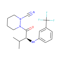 CC(C)[C@H](Nc1cccc(C(F)(F)F)c1)C(=O)N1CCCCN1C#N ZINC000040423439