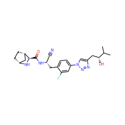 CC(C)[C@H](O)Cc1cn(-c2ccc(C[C@@H](C#N)NC(=O)[C@H]3N[C@@H]4CC[C@H]3C4)c(F)c2)nn1 ZINC000219298215