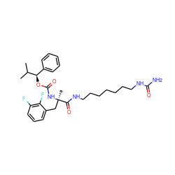 CC(C)[C@H](OC(=O)N[C@](C)(Cc1cccc(F)c1F)C(=O)NCCCCCCCNC(N)=O)c1ccccc1 ZINC000003942515