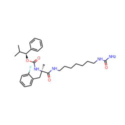 CC(C)[C@H](OC(=O)N[C@](C)(Cc1ccccc1F)C(=O)NCCCCCCCNC(N)=O)c1ccccc1 ZINC000003823558