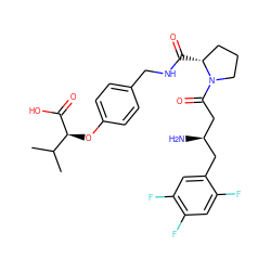 CC(C)[C@H](Oc1ccc(CNC(=O)[C@@H]2CCCN2C(=O)C[C@H](N)Cc2cc(F)c(F)cc2F)cc1)C(=O)O ZINC000014958935