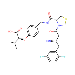 CC(C)[C@H](Oc1ccc(CNC(=O)[C@@H]2CSCN2C(=O)C[C@@H](N)Cc2cc(F)ccc2F)cc1)C(=O)O ZINC000028367125