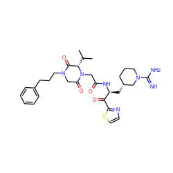 CC(C)[C@H]1C(=O)N(CCCc2ccccc2)CC(=O)N1CC(=O)N[C@@H](C[C@@H]1CCCN(C(=N)N)C1)C(=O)c1nccs1 ZINC000026568908