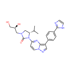 CC(C)[C@H]1CN(C[C@H](O)CO)C(=O)N1c1ccn2ncc(-c3ccc(-c4ncc[nH]4)cc3)c2n1 ZINC000116189478