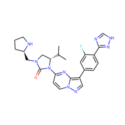 CC(C)[C@H]1CN(C[C@H]2CCCN2)C(=O)N1c1ccn2ncc(-c3ccc(-c4nc[nH]n4)c(F)c3)c2n1 ZINC000116186226