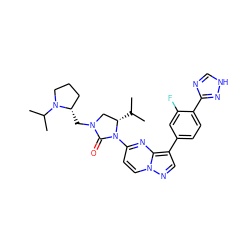 CC(C)[C@H]1CN(C[C@H]2CCCN2C(C)C)C(=O)N1c1ccn2ncc(-c3ccc(-c4nc[nH]n4)c(F)c3)c2n1 ZINC000165284513