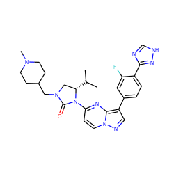 CC(C)[C@H]1CN(CC2CCN(C)CC2)C(=O)N1c1ccn2ncc(-c3ccc(-c4nc[nH]n4)c(F)c3)c2n1 ZINC000165200412