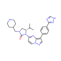 CC(C)[C@H]1CN(CC2CCNCC2)C(=O)N1c1ccn2ncc(-c3ccc(-c4nc[nH]n4)cc3)c2n1 ZINC000141223448