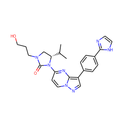 CC(C)[C@H]1CN(CCCO)C(=O)N1c1ccn2ncc(-c3ccc(-c4ncc[nH]4)cc3)c2n1 ZINC000116185743