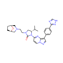 CC(C)[C@H]1CN(CCN2C[C@@H]3CC[C@H](C2)O3)C(=O)N1c1ccn2ncc(-c3ccc(-c4nc[nH]n4)cc3)c2n1 ZINC000141222911