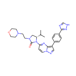 CC(C)[C@H]1CN(CCN2CCOCC2)C(=O)N1c1ccn2ncc(-c3ccc(-c4nc[nH]n4)cc3)c2n1 ZINC000141222499