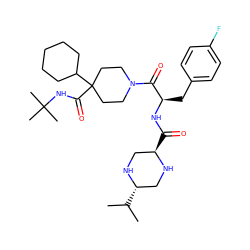 CC(C)[C@H]1CN[C@H](C(=O)N[C@H](Cc2ccc(F)cc2)C(=O)N2CCC(C(=O)NC(C)(C)C)(C3CCCCC3)CC2)CN1 ZINC000028477938