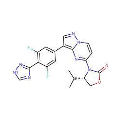 CC(C)[C@H]1COC(=O)N1c1ccn2ncc(-c3cc(F)c(-c4nc[nH]n4)c(F)c3)c2n1 ZINC000116184300