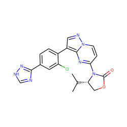 CC(C)[C@H]1COC(=O)N1c1ccn2ncc(-c3ccc(-c4nc[nH]n4)cc3Cl)c2n1 ZINC000116186243