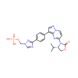 CC(C)[C@H]1COC(=O)N1c1ccn2ncc(-c3ccc(-c4ncn(COP(=O)(O)O)n4)cc3)c2n1 ZINC000169708436