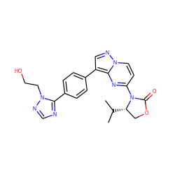 CC(C)[C@H]1COC(=O)N1c1ccn2ncc(-c3ccc(-c4ncnn4CCO)cc3)c2n1 ZINC000150330057