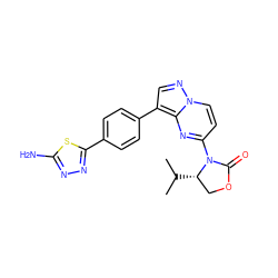 CC(C)[C@H]1COC(=O)N1c1ccn2ncc(-c3ccc(-c4nnc(N)s4)cc3)c2n1 ZINC000116186152