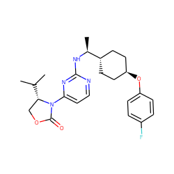 CC(C)[C@H]1COC(=O)N1c1ccnc(N[C@@H](C)[C@H]2CC[C@H](Oc3ccc(F)cc3)CC2)n1 ZINC000261093695