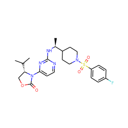 CC(C)[C@H]1COC(=O)N1c1ccnc(N[C@@H](C)C2CCN(S(=O)(=O)c3ccc(F)cc3)CC2)n1 ZINC000218482329