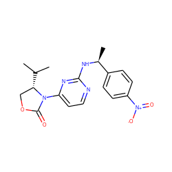 CC(C)[C@H]1COC(=O)N1c1ccnc(N[C@@H](C)c2ccc([N+](=O)[O-])cc2)n1 ZINC000142086521