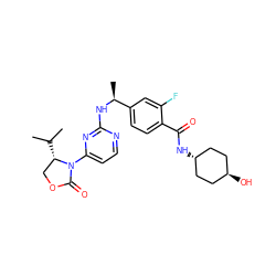 CC(C)[C@H]1COC(=O)N1c1ccnc(N[C@@H](C)c2ccc(C(=O)N[C@H]3CC[C@H](O)CC3)c(F)c2)n1 ZINC000261170493