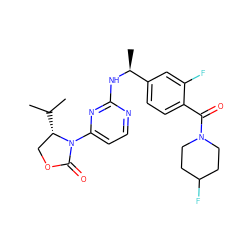 CC(C)[C@H]1COC(=O)N1c1ccnc(N[C@@H](C)c2ccc(C(=O)N3CCC(F)CC3)c(F)c2)n1 ZINC000142073266