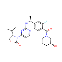 CC(C)[C@H]1COC(=O)N1c1ccnc(N[C@@H](C)c2ccc(C(=O)N3CCC[C@@H](O)C3)c(F)c2)n1 ZINC000142071513