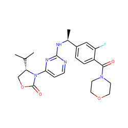 CC(C)[C@H]1COC(=O)N1c1ccnc(N[C@@H](C)c2ccc(C(=O)N3CCOCC3)c(F)c2)n1 ZINC000142071727