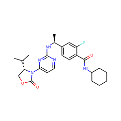 CC(C)[C@H]1COC(=O)N1c1ccnc(N[C@@H](C)c2ccc(C(=O)NC3CCCCC3)c(F)c2)n1 ZINC000205153864