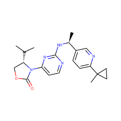 CC(C)[C@H]1COC(=O)N1c1ccnc(N[C@@H](C)c2ccc(C3(C)CC3)nc2)n1 ZINC000142136054