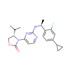 CC(C)[C@H]1COC(=O)N1c1ccnc(N[C@@H](C)c2ccc(C3CC3)cc2F)n1 ZINC000142135837