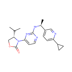 CC(C)[C@H]1COC(=O)N1c1ccnc(N[C@@H](C)c2ccc(C3CC3)nc2)n1 ZINC000142134952