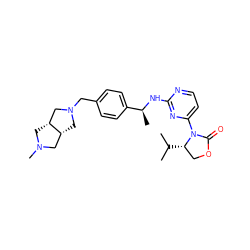 CC(C)[C@H]1COC(=O)N1c1ccnc(N[C@@H](C)c2ccc(CN3C[C@@H]4CN(C)C[C@@H]4C3)cc2)n1 ZINC000220703424