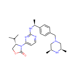 CC(C)[C@H]1COC(=O)N1c1ccnc(N[C@@H](C)c2ccc(CN3C[C@H](C)N[C@H](C)C3)cc2)n1 ZINC000142062141