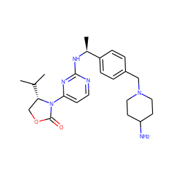 CC(C)[C@H]1COC(=O)N1c1ccnc(N[C@@H](C)c2ccc(CN3CCC(N)CC3)cc2)n1 ZINC000220688668