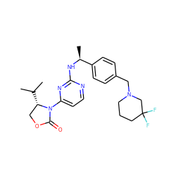 CC(C)[C@H]1COC(=O)N1c1ccnc(N[C@@H](C)c2ccc(CN3CCCC(F)(F)C3)cc2)n1 ZINC000205159184