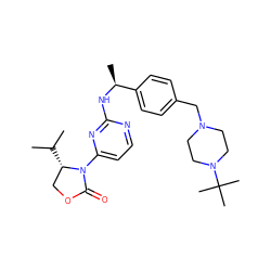 CC(C)[C@H]1COC(=O)N1c1ccnc(N[C@@H](C)c2ccc(CN3CCN(C(C)(C)C)CC3)cc2)n1 ZINC000142062756