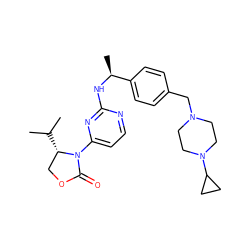 CC(C)[C@H]1COC(=O)N1c1ccnc(N[C@@H](C)c2ccc(CN3CCN(C4CC4)CC3)cc2)n1 ZINC000142062978