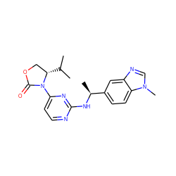 CC(C)[C@H]1COC(=O)N1c1ccnc(N[C@@H](C)c2ccc3c(c2)ncn3C)n1 ZINC000220686085