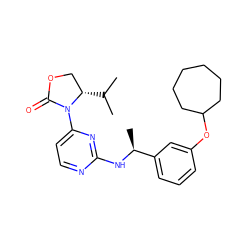 CC(C)[C@H]1COC(=O)N1c1ccnc(N[C@@H](C)c2cccc(OC3CCCCCC3)c2)n1 ZINC000221304912