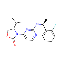 CC(C)[C@H]1COC(=O)N1c1ccnc(N[C@@H](C)c2ccccc2F)n1 ZINC000142150533