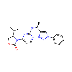 CC(C)[C@H]1COC(=O)N1c1ccnc(N[C@@H](C)c2cn(-c3ccccc3)nn2)n1 ZINC000142153515