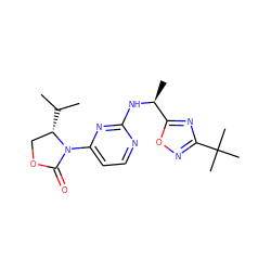 CC(C)[C@H]1COC(=O)N1c1ccnc(N[C@@H](C)c2nc(C(C)(C)C)no2)n1 ZINC000221131364