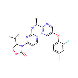 CC(C)[C@H]1COC(=O)N1c1ccnc(N[C@@H](C)c2ncc(Oc3ccc(F)cc3F)cn2)n1 ZINC000220641831