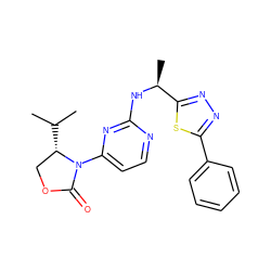 CC(C)[C@H]1COC(=O)N1c1ccnc(N[C@@H](C)c2nnc(-c3ccccc3)s2)n1 ZINC000205145397