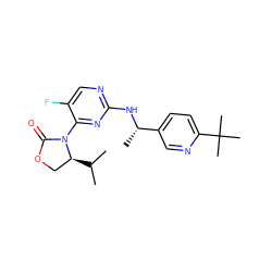 CC(C)[C@H]1COC(=O)N1c1nc(N[C@@H](C)c2ccc(C(C)(C)C)nc2)ncc1F ZINC000221307299