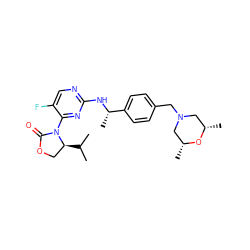 CC(C)[C@H]1COC(=O)N1c1nc(N[C@@H](C)c2ccc(CN3C[C@H](C)O[C@H](C)C3)cc2)ncc1F ZINC000221306836